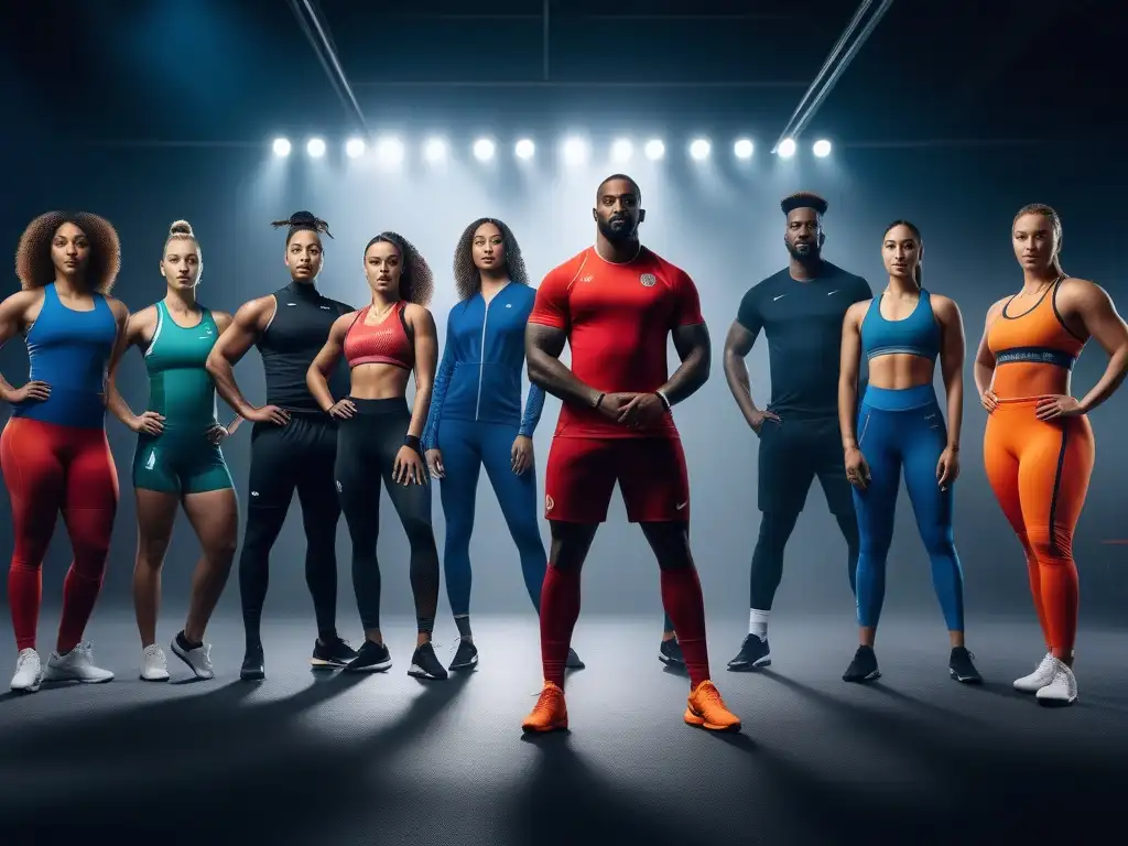 Activewear inclusivo: diversidad, color y deporte Grupo diverso de atletas en actividades deportivas, luciendo moda deportiva inclusiva para todos en instalación moderna y elegante