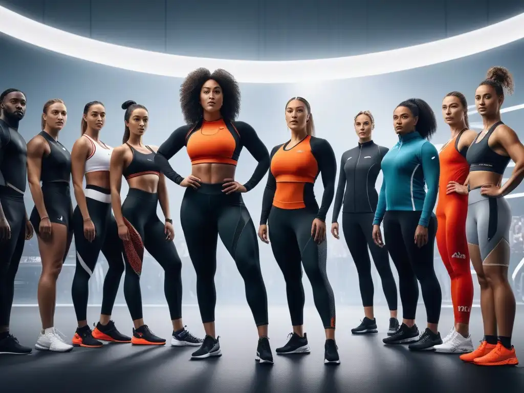 Atletas diversos en acción: moda deportiva inclusiva Un grupo diverso de atletas practica diferentes deportes en un museo de moda deportiva, destacando la inclusividad