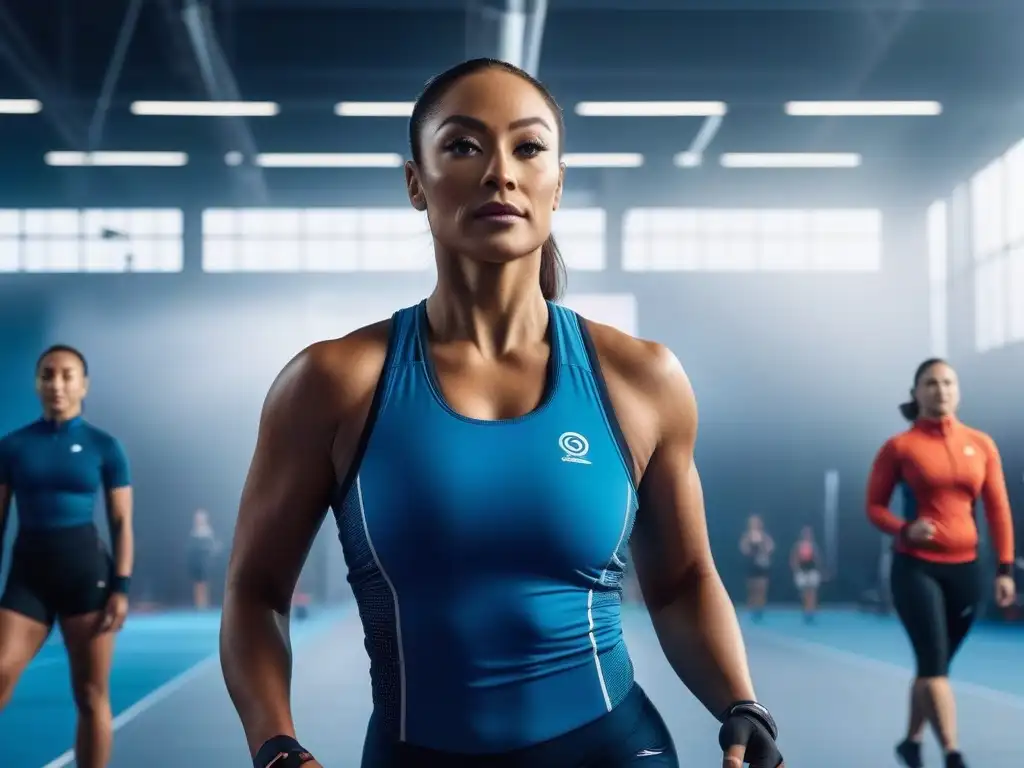Atletas adaptativos en acción: diversidad, estilo y empoderamiento Un grupo diverso de atletas practica deportes en un entorno futurista, con ropa adaptativa deportiva inclusiva