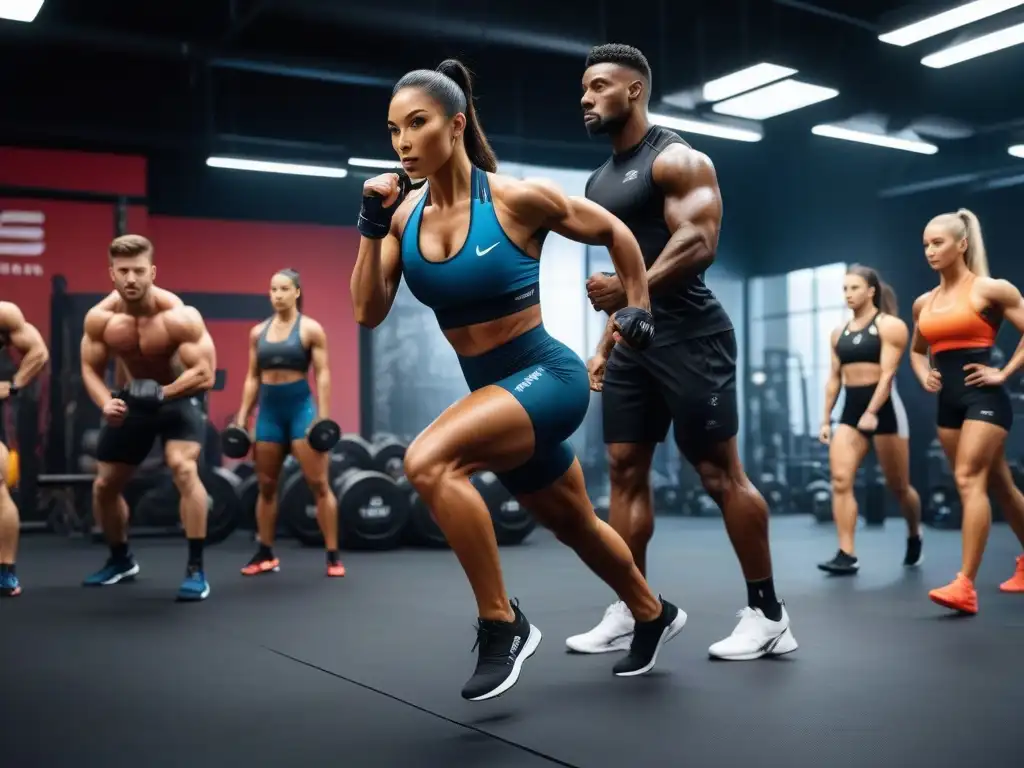 Atletas de élite en entrenamiento intenso en gimnasio moderno Un grupo diverso de atletas en entrenamientos intensos en un gimnasio moderno, reflejando determinación y enfoque