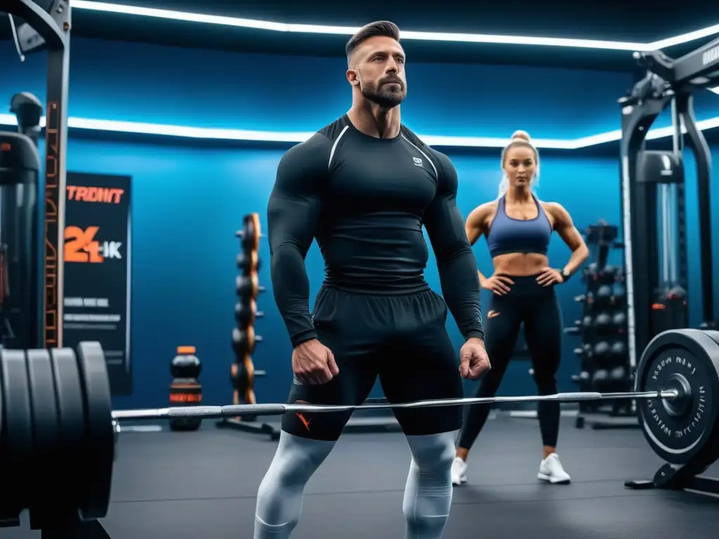 Grupo diverso de atletas en gimnasio futurista con suplementos premium Un grupo diverso de atletas y entusiastas del fitness en un gimnasio moderno con suplementos de alta gama