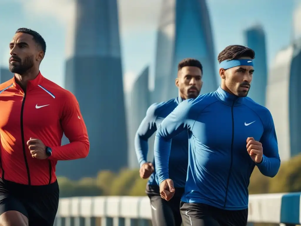Atletas preparándose con estilo para el maratón al amanecer Un grupo diverso de atletas se prepara con estilo para maratón al amanecer en la ciudad