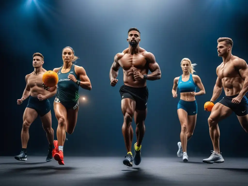 Atletas con frutas: energía y vitalidad en imagen 8k ultra detallada Grupo diverso de atletas con frutas y verduras, resaltando la importancia de vitaminas y minerales en el fitness