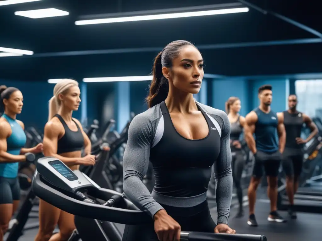 Gimnasio futurista: atletas diversos en entrenamiento de alta gama Un grupo diverso de atletas entrena en un gimnasio de alta gama, reflejando inclusividad y diversidad