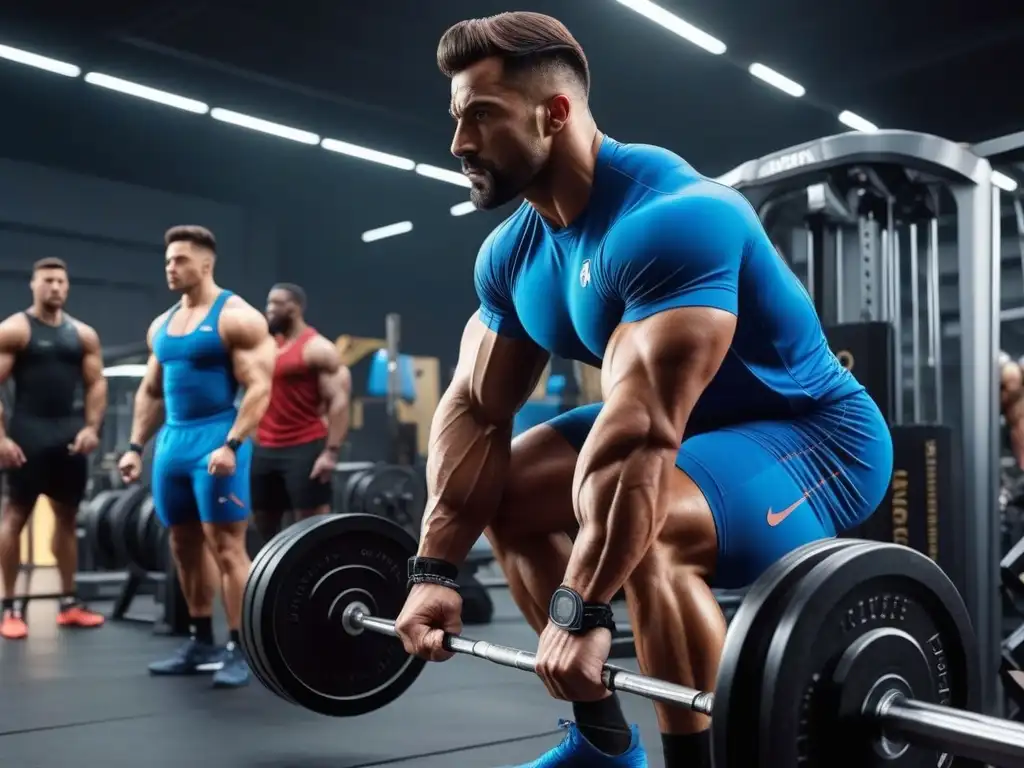 Atletas de fuerza en gimnasio de última generación Un grupo diverso de atletas se entrena en un gimnasio de alta tecnología con proteínas de alta calidad para masa muscular