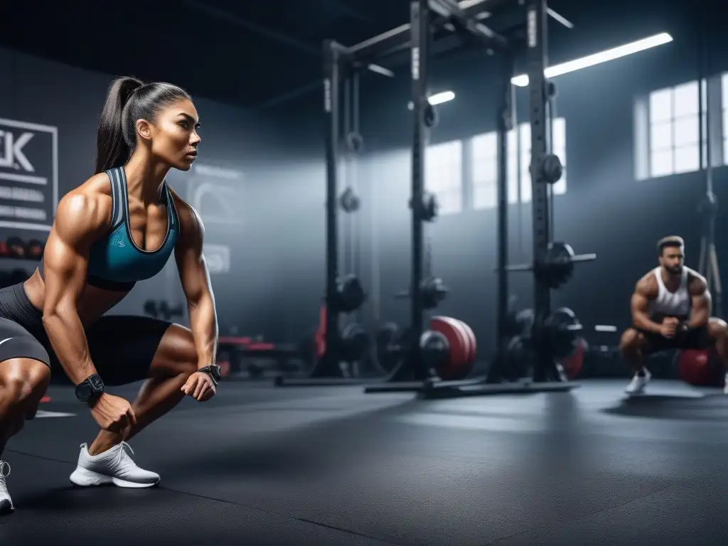 Atletas diversos en un gimnasio moderno: energía y determinación Un grupo diverso de atletas se prepara en un gimnasio moderno, con frases motivadoras