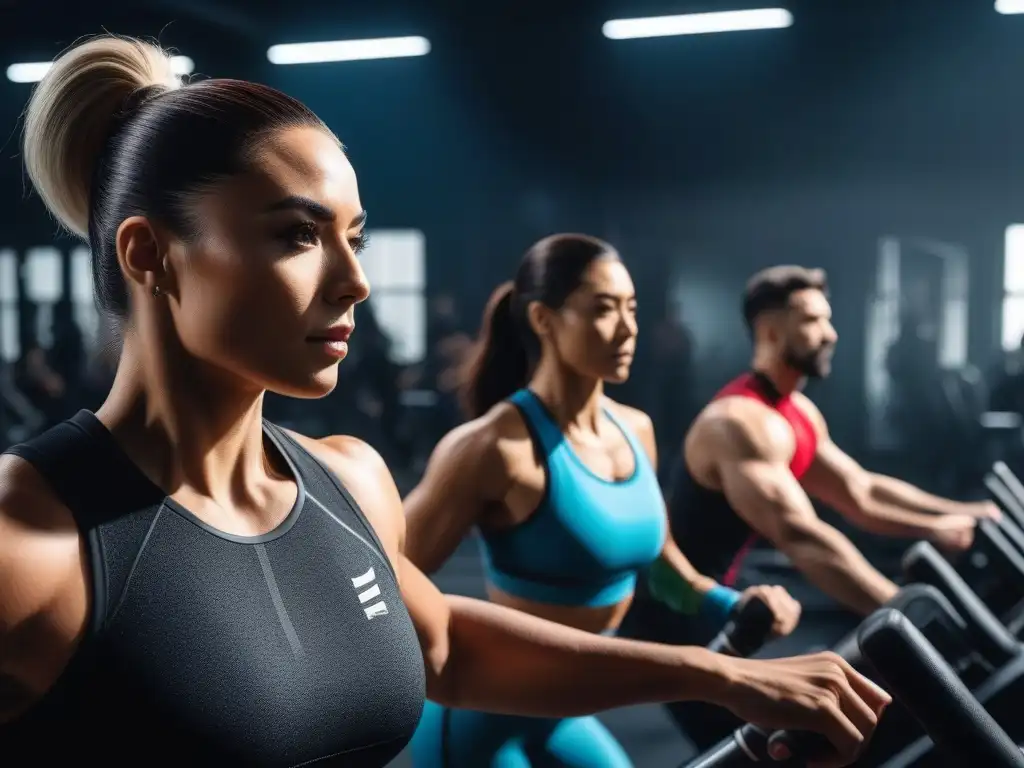 Entrenamiento inclusivo de alta intensidad en gimnasio de vanguardia Un grupo diverso de atletas se esfuerza en un gimnasio moderno con equipo de alta tecnología