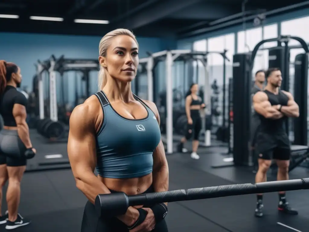Comunidad Crossfit: Diversidad y Determinación Un grupo diverso de atletas en un gimnasio moderno, usando equipamiento Crossfit variado y realizando ejercicios con determinación y perfección