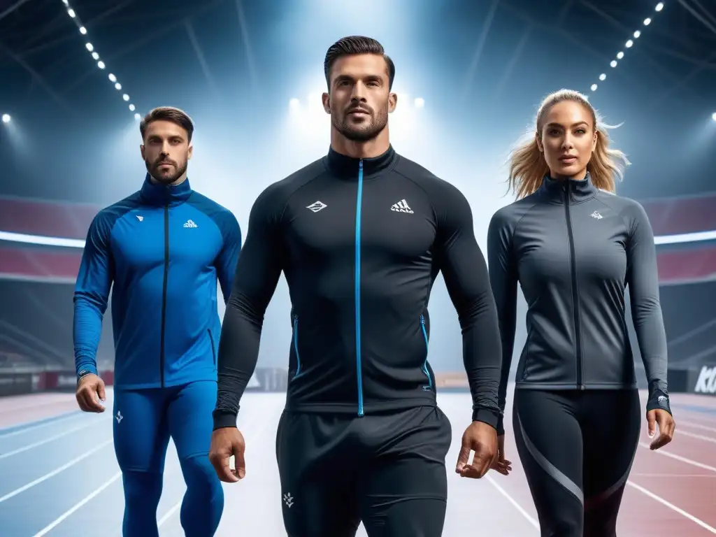 Moda deportiva adaptativa: atletas diversos en acción Un grupo diverso de atletas con diversas habilidades físicas usando ropa adaptativa deportiva inclusiva en un estadio deportivo futurista