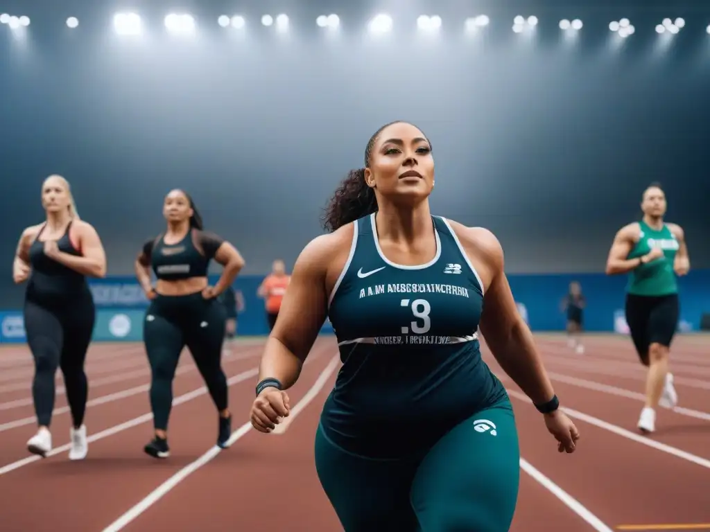 Atletas diversos en acción: inclusividad en el deporte Un grupo diverso de atletas en acción, usando marcas de ropa deportiva inclusiva tallas, en un gimnasio moderno con frases motivacionales