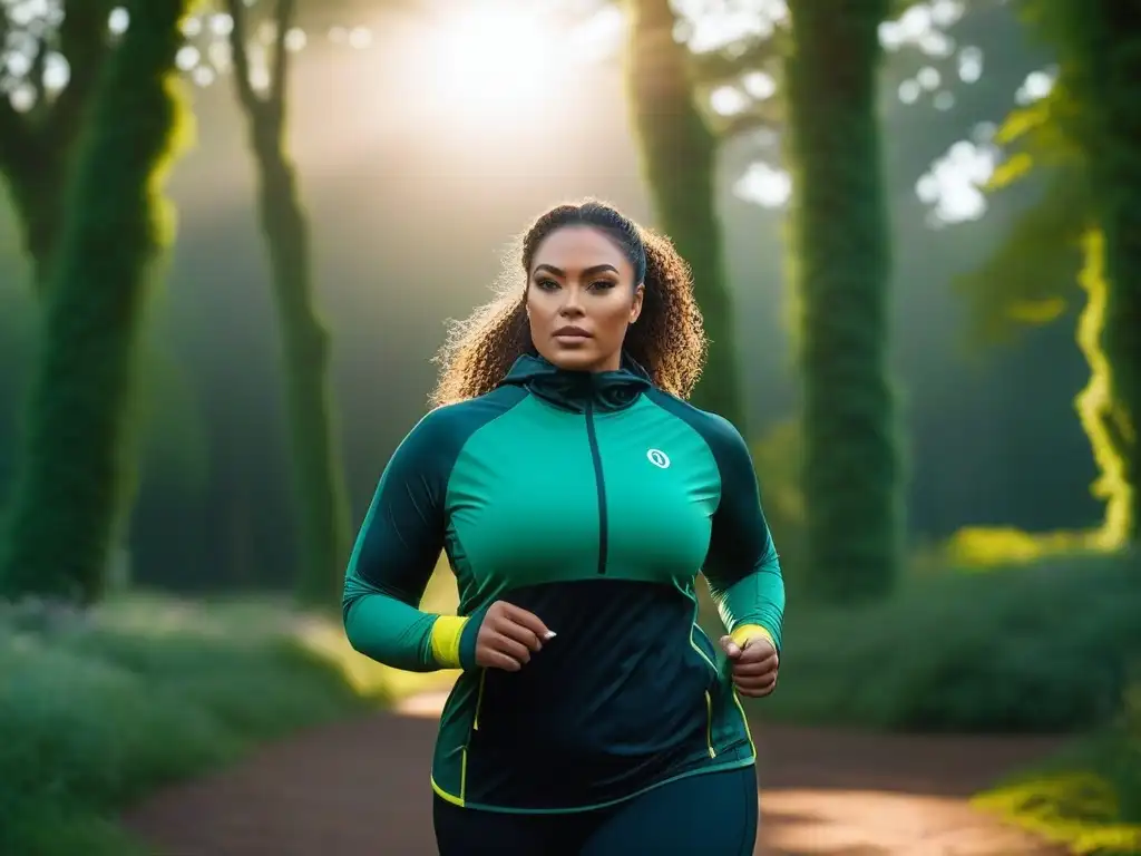 Un grupo diverso de atletas plus size, luciendo marcas de ropa deportiva en un parque al amanecer