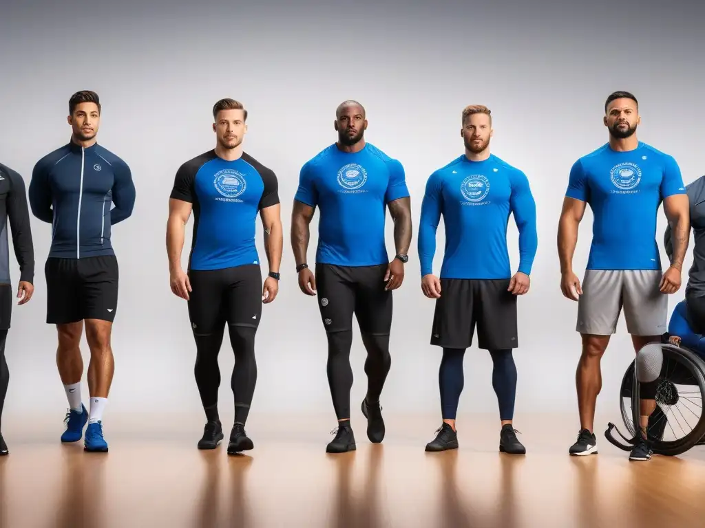 Revolution Men's Activewear: Diversidad, Inclusividad y Empoderamiento Un grupo diverso de atletas masculinos en un gimnasio moderno, usando ropa deportiva inclusiva para hombres