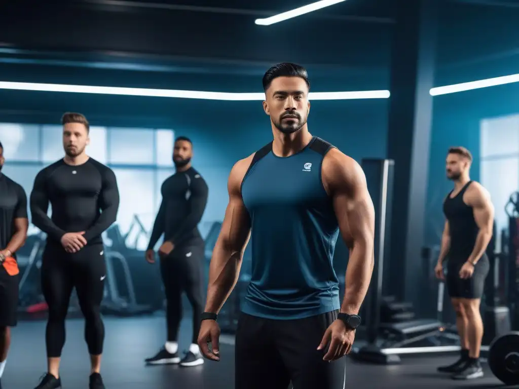 Activewear inclusivo: atletas diversos en acción Un grupo diverso de atletas masculinos practicando deportes en un gimnasio futurista