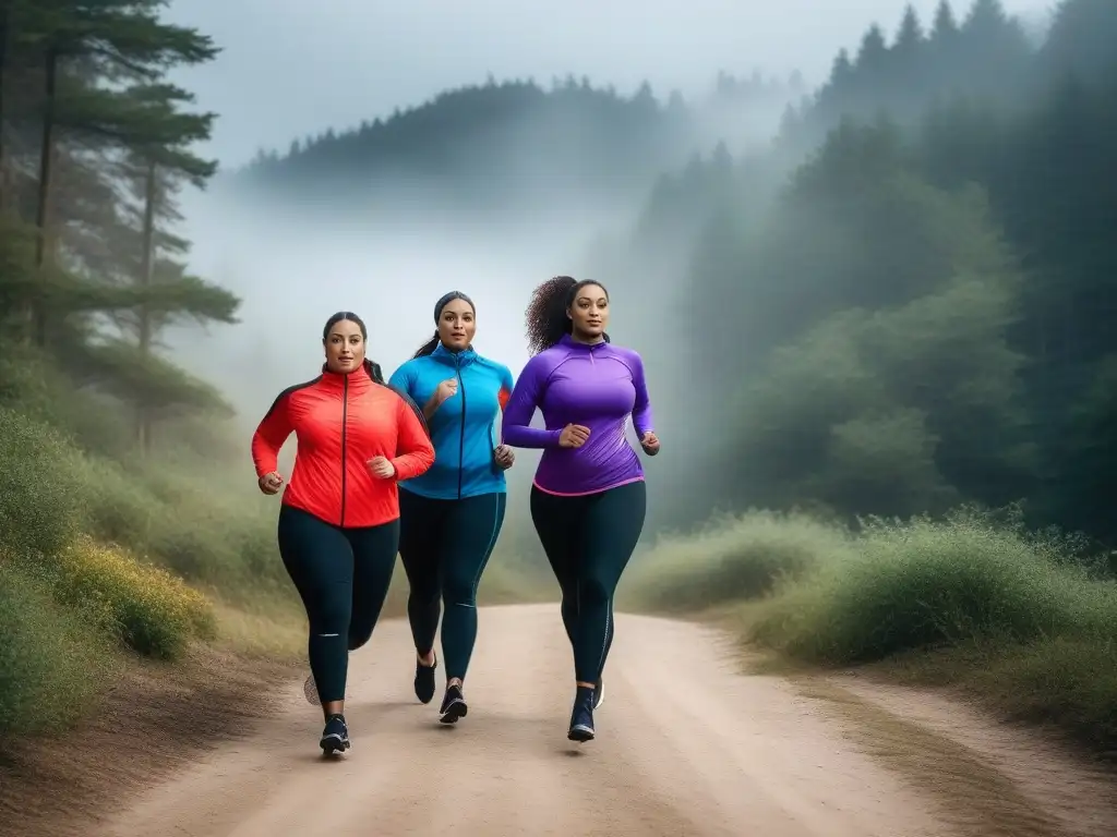 Un grupo diverso de atletas plus size, luciendo la mejor ropa deportiva de marcas top, corriendo juntos al amanecer en un sendero escénico