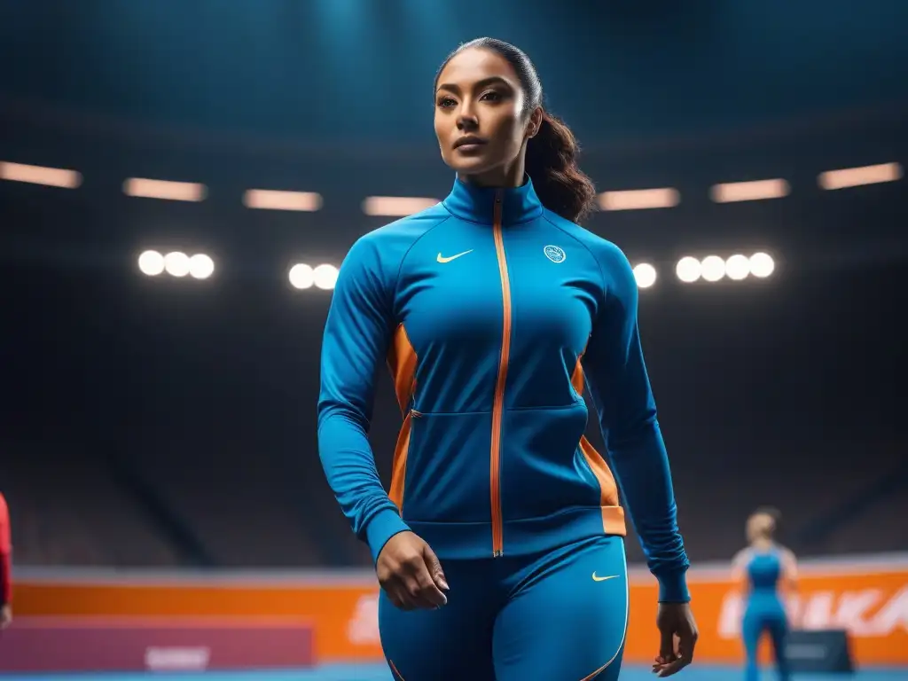 Deportistas diversos en arena futurista: moda inclusiva y empoderamiento Un grupo diverso de atletas en moda deportiva inclusiva y diversa, mostrando fuerza y unidad en un arena deportiva futurista