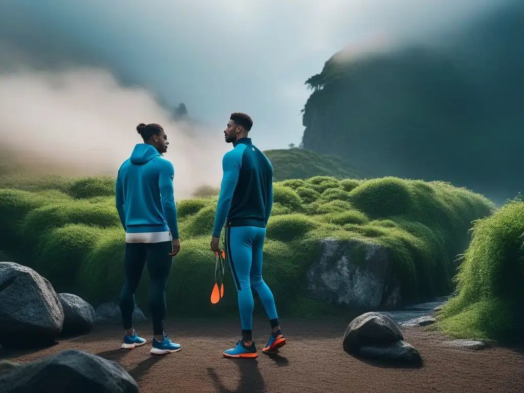 Deportistas en acción con moda sostenible en entorno eco Un grupo diverso de atletas viste moda deportiva sostenible y ecofriendly, practicando deportes en un entorno natural y arquitectura sostenible