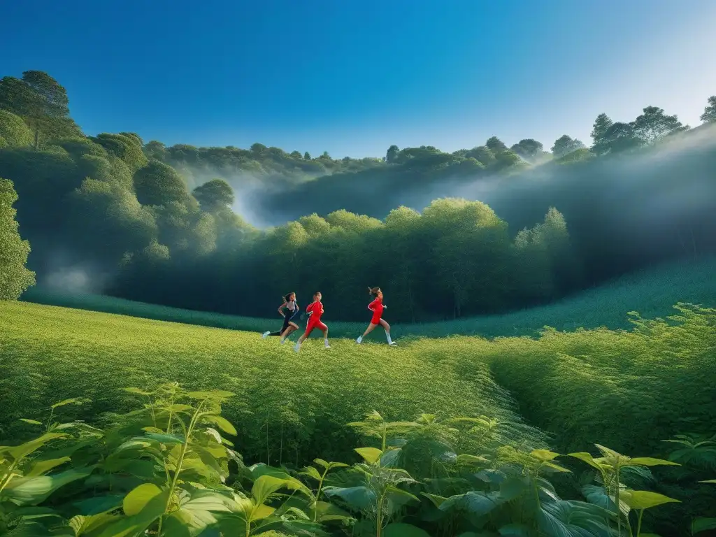 Activewear sostenible: diversidad en acción Un grupo diverso de atletas en moda deportiva sostenible se ejercita en armonía con la naturaleza