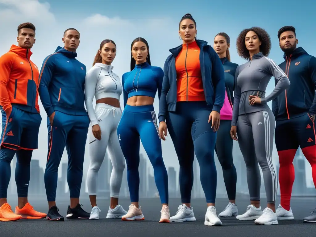 Atletas diversos en moda deportiva: empoderamiento y estilo futurista Un grupo diverso de atletas en moda deportiva para todos los cuerpos, posando con confianza en un entorno urbano futurista