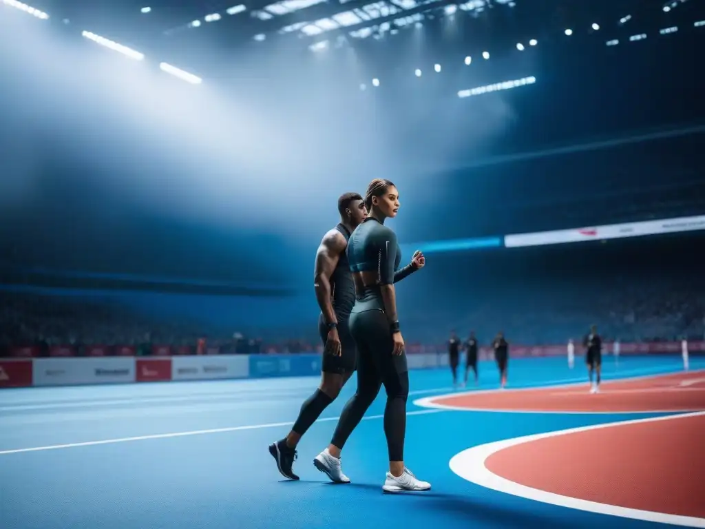 Innovación textil en moda deportiva: atletas con prendas adaptativas en escenario futurista Un grupo diverso de atletas usando moda deportiva con tejidos adaptativos en un escenario deportivo futurista