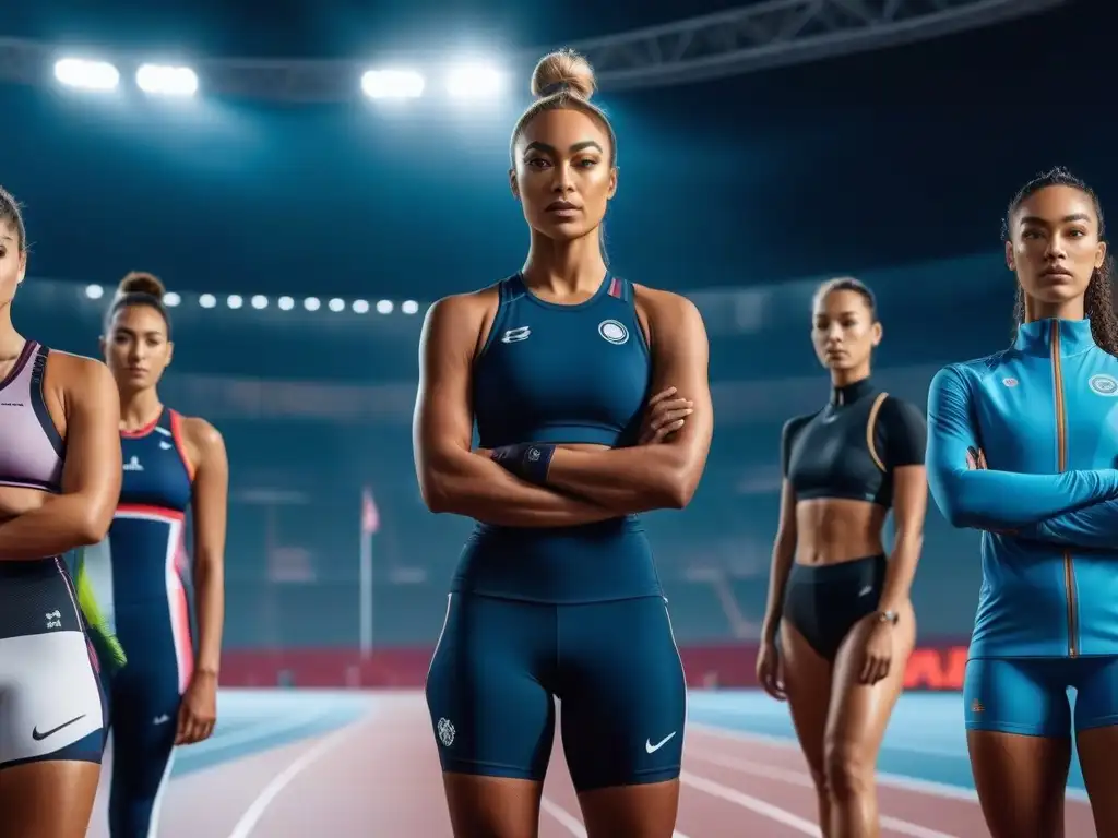Atletas inclusivos en campo deportivo futurista Un grupo diverso de atletas en moda deportiva inclusiva tendencias, unidos en un campo deportivo futurista y elegante