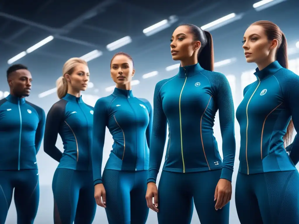 Atletas innovadores en ropa deportiva adaptativa de alta tecnología Un grupo diverso de atletas en moderna moda deportiva con tejidos adaptativos, mostrando flexibilidad e innovación