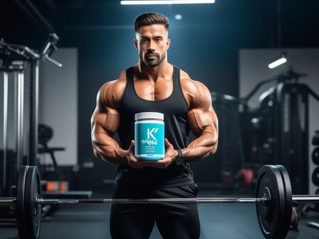 Atletas con suplementos de vanguardia en gimnasio moderno Un grupo diverso de atletas modernos sostiene suplementos preentreno futuristas en un gimnasio de vanguardia