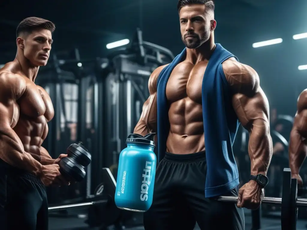 Atletas con protein shakes de calidad en gimnasio futurista Un grupo diverso de atletas musculosos en un gimnasio futurista, con batidos de proteínas de alta calidad para masa muscular