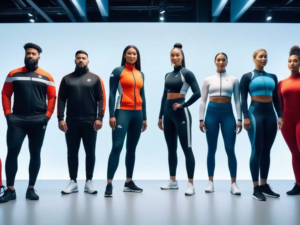 Atletas diversos en museo deportivo futurista Un grupo diverso de atletas en un museo futurista, luciendo moda deportiva para todos los cuerpos, representando unidad y diversidad