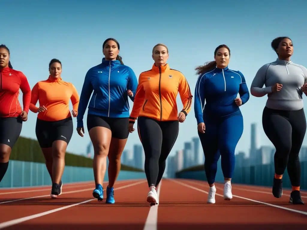 Grupo diverso de atletas plus corriendo con estilo en una pista futurista al atardecer