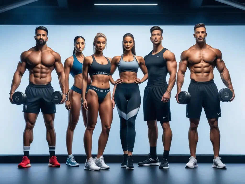 Atletas profesionales con suplementos de calidad en escenario futurista Un grupo diverso de atletas profesionales muestra confianza y tonificados cuerpos mientras sostienen suplementos de calidad, en un escenario futurista y elegante que simboliza las tendencias modernas de salud y bienestar