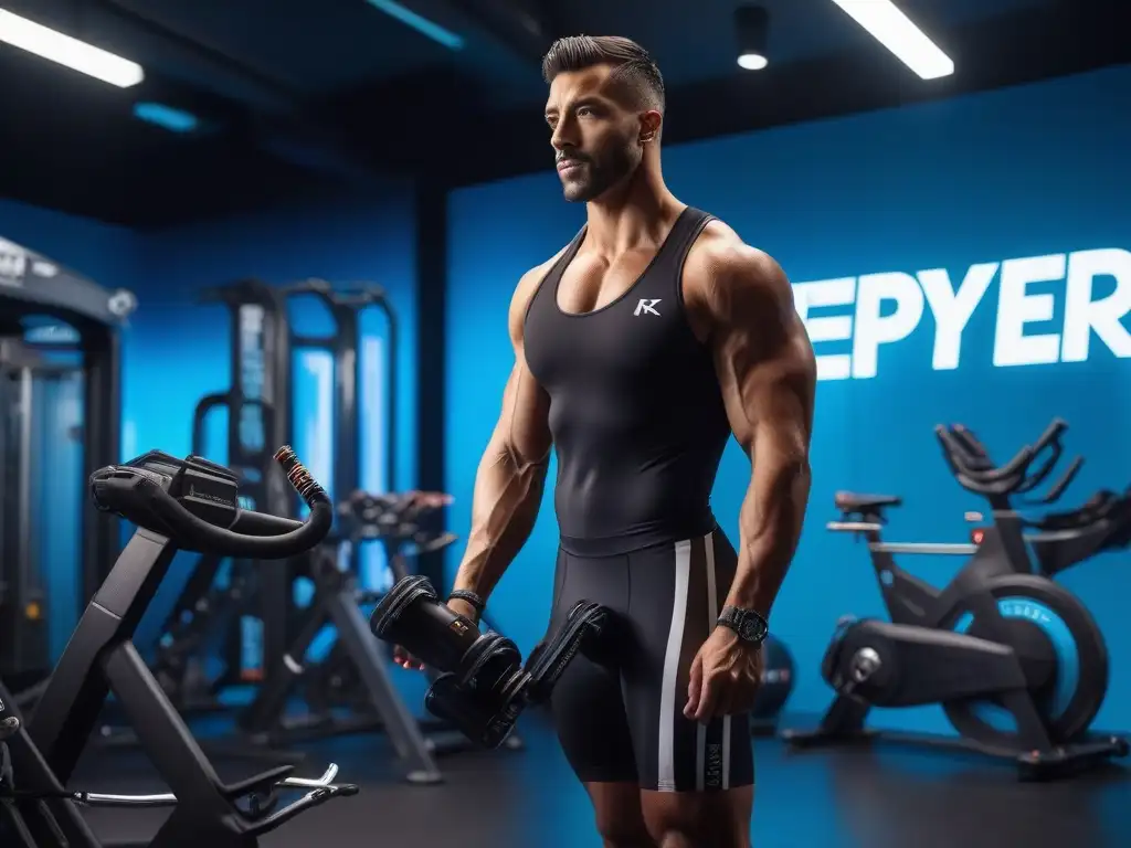Atletas profesionales diversificados en un gimnasio futurista Un grupo diverso de atletas profesionales preparándose para entrenar en un gimnasio futurista con suplementos preentreno para todos
