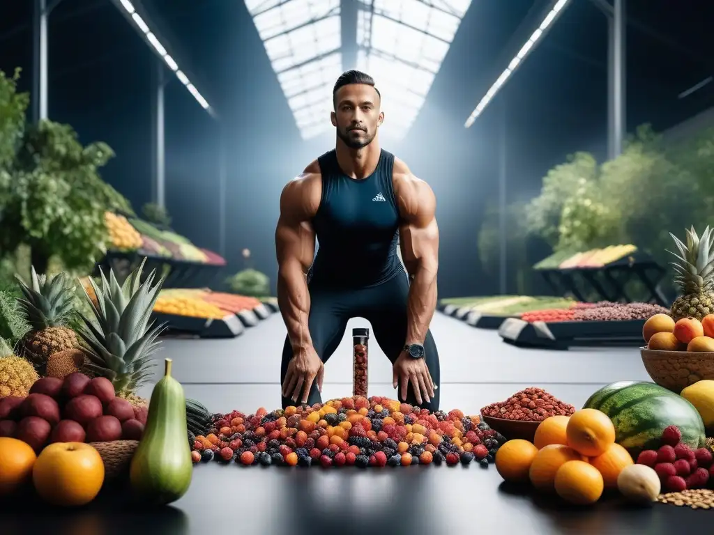 Atletas vibrantes con alimentos saludables en gimnasio futurista Un grupo diverso de atletas rodeados de frutas y verduras vibrantes en un gimnasio futurista