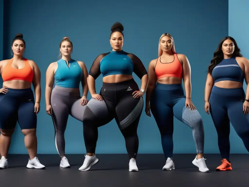 Grupo diverso de atletas plus size modelando ropa deportiva de las mejores marcas en un gimnasio moderno y vibrante