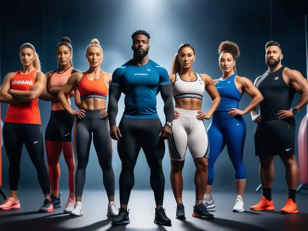 Atletas diversos unidos en empoderamiento deportivo Un grupo diverso de atletas con ropa deportiva inclusiva para todos, unidos en una pose dinámica y empoderadora en un gimnasio contemporáneo