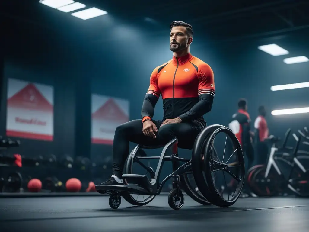 Deportistas adaptables en acción: moda deportiva inclusiva Grupo diverso de atletas con ropa deportiva adaptativa para todos, practicando running, ciclismo y yoga en instalación deportiva futurista