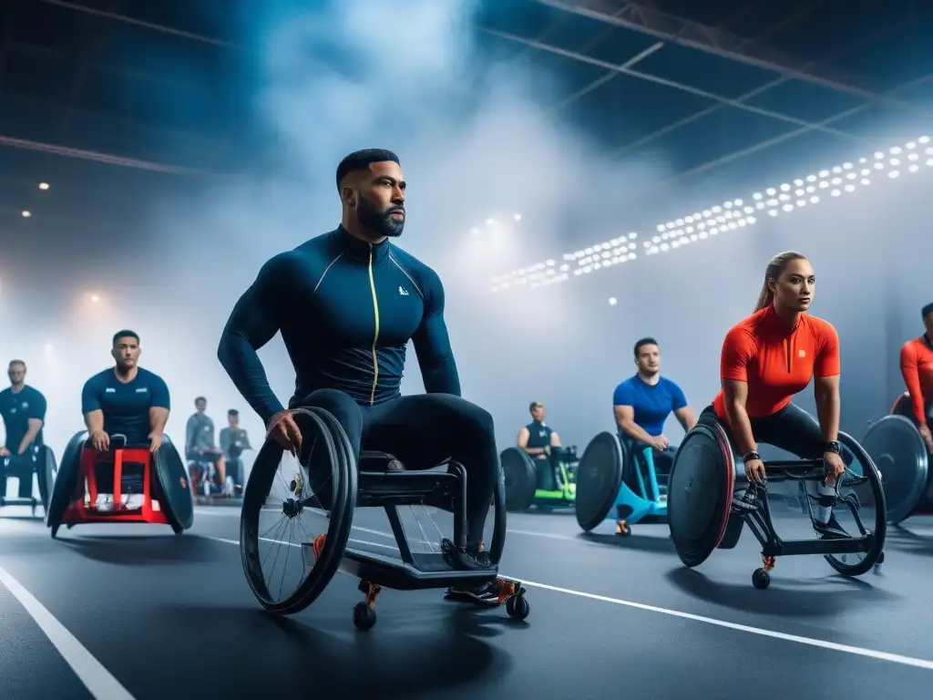 Atletas adaptativos en acción: moda deportiva inclusiva en alta resolución Un grupo diverso de atletas en acción con ropa deportiva adaptativa para todos, en instalación deportiva moderna