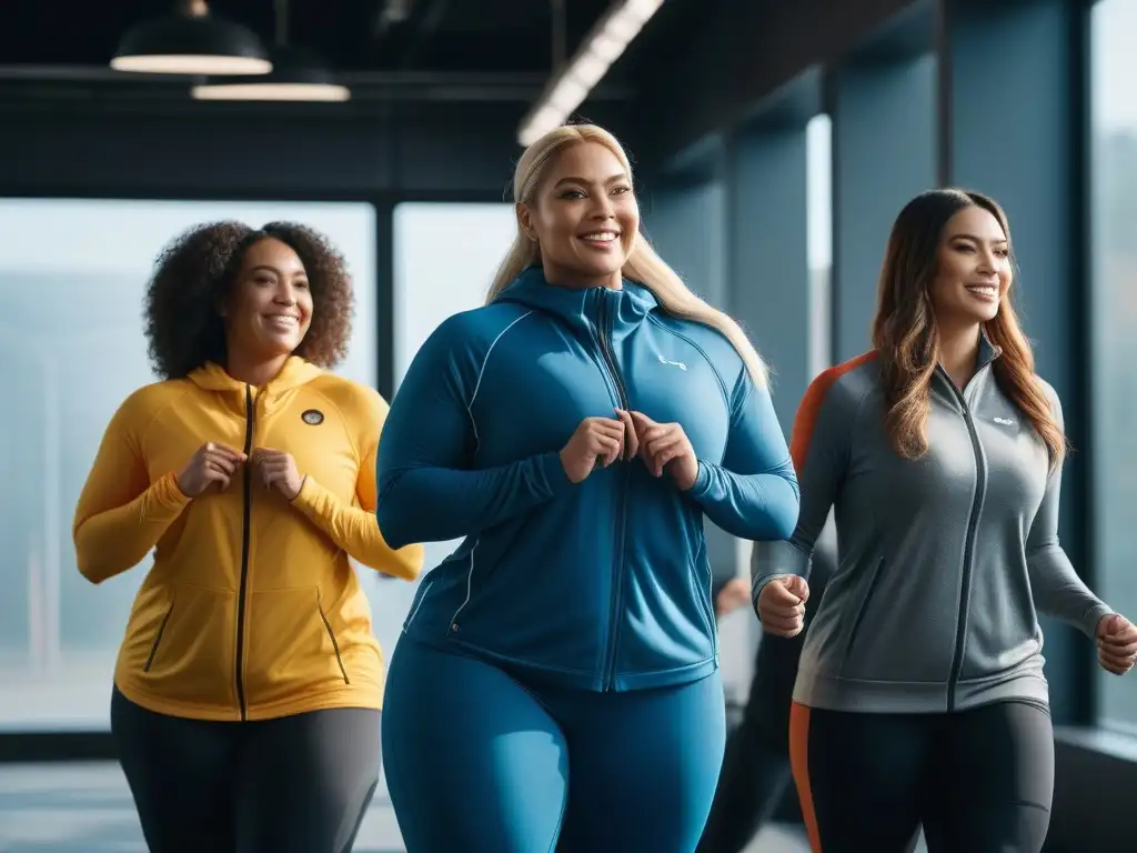 Deportistas plus size empoderadas en un estudio fitness Un grupo diverso de atletas plus size usando ropa deportiva inclusiva, compartiendo risas y apoyo en un estudio de fitness moderno y luminoso