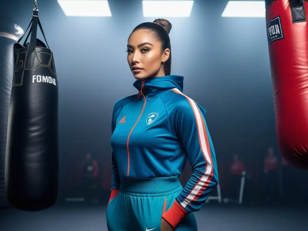 Empoderamiento y diversidad en moda deportiva personalizada Grupo diverso de atletas con ropa deportiva personalizada en un gimnasio de boxeo, mostrando determinación y empoderamiento