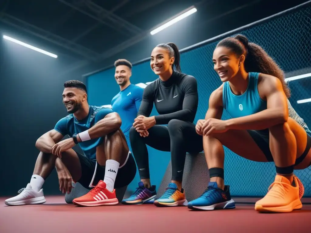Atletas felices con zapatillas deportivas: diversidad y motivación Un grupo diverso de atletas sonrientes, atándose zapatillas deportivas de diversos estilos y marcas, en un entorno dinámico y motivador