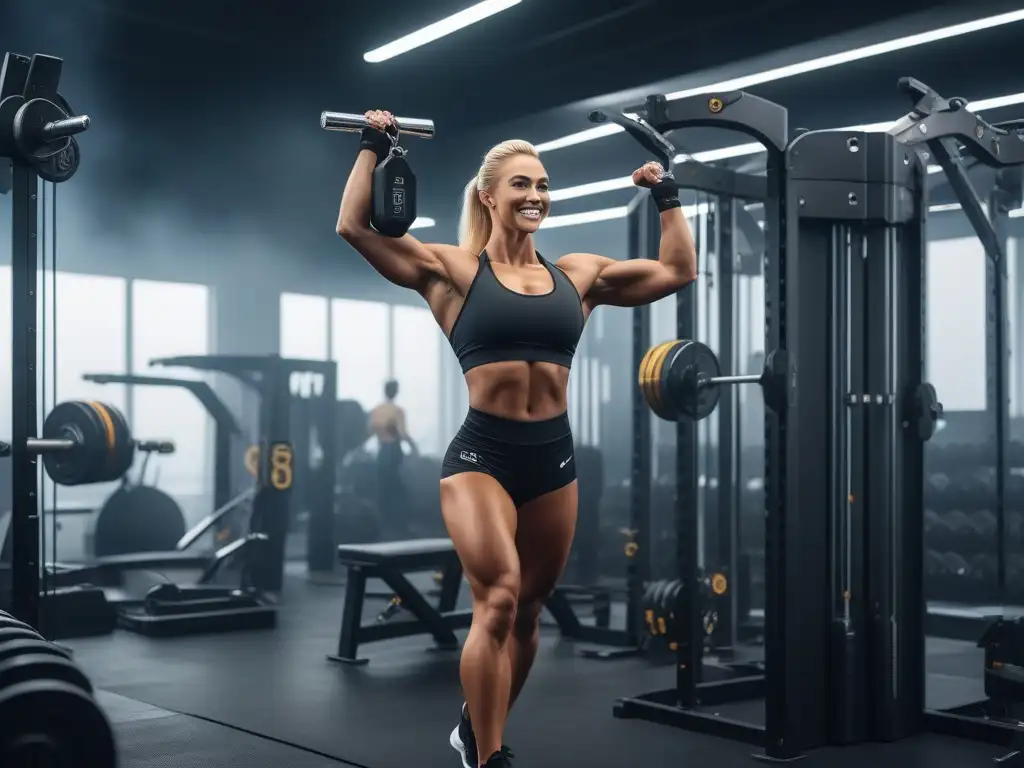 Atletas diversos celebran en gimnasio moderno Un grupo diverso de atletas sonrientes se dan un high five en un gimnasio moderno, equipado con máquinas de alta tecnología y carteles motivacionales