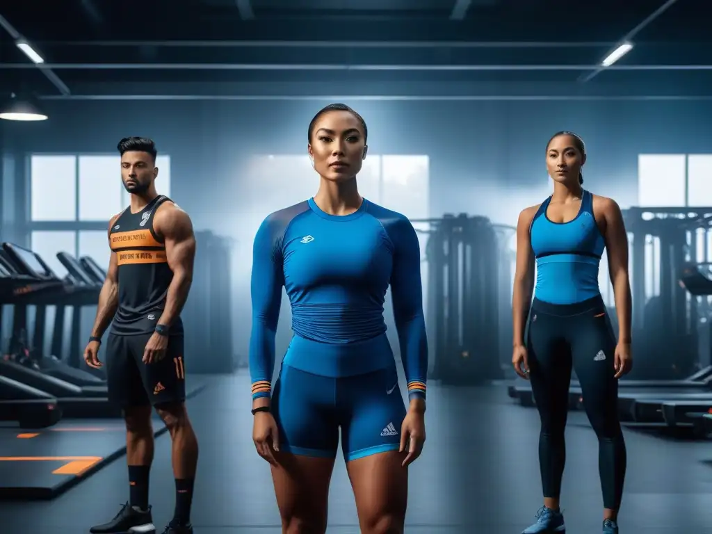 Equipo inclusivo: moda deportiva para todos en gym futurista Un grupo diverso de atletas sonrientes y unidos en un gimnasio futurista, representando la moda deportiva inclusiva para todos