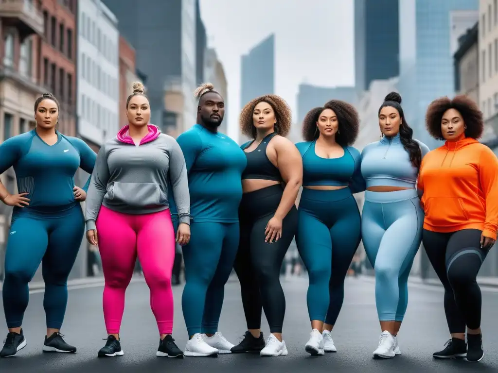 Atletas plussize: diversidad y empoderamiento en la moda deportiva Un grupo diverso de atletas de tallas grandes posa con confianza en moda deportiva inclusiva, reflejando fuerza y unidad en la diversidad