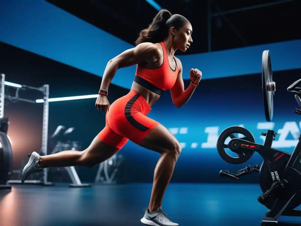 Rendimiento y moda: atletas en acción con tejidos adaptativos Un grupo diverso de atletas en acción con tejidos adaptativos moda deportiva en un ambiente deportivo moderno y vibrante