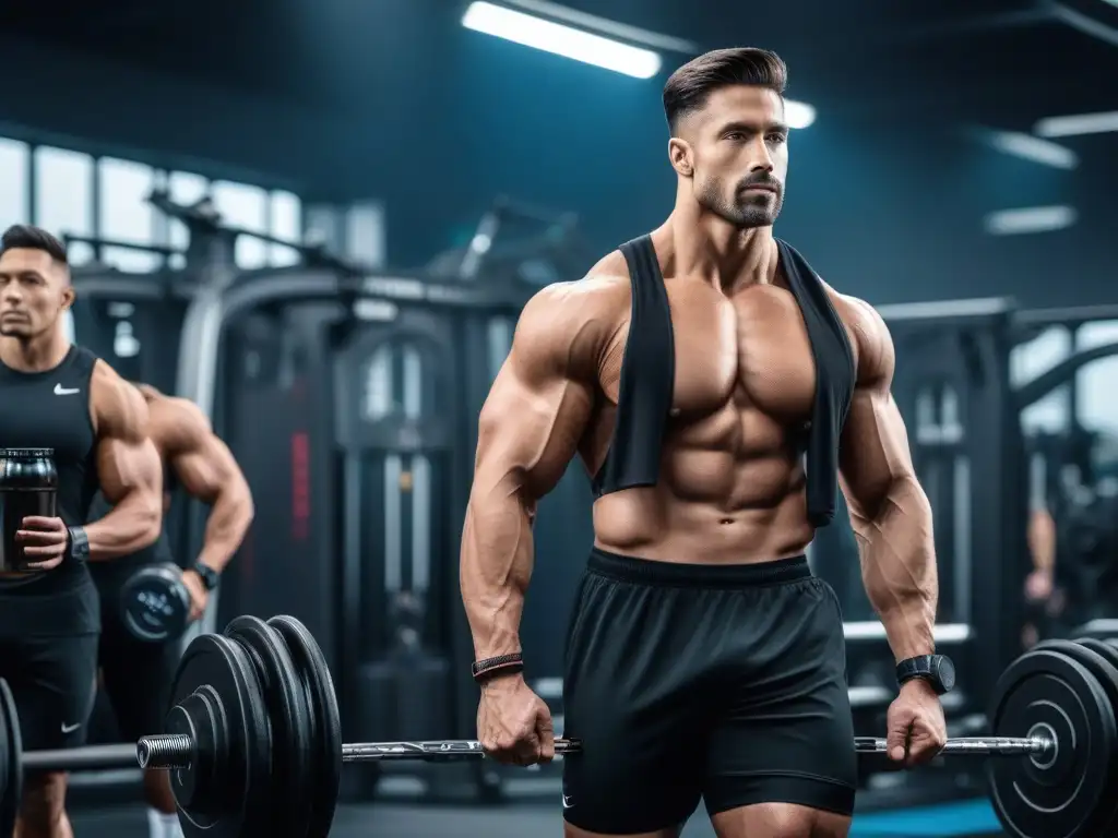 Atletas diversificados con suplementos premium en gimnasio moderno Un grupo diverso de atletas con diferentes tipos de cuerpo sosteniendo suplementos premium en un gimnasio moderno y motivador