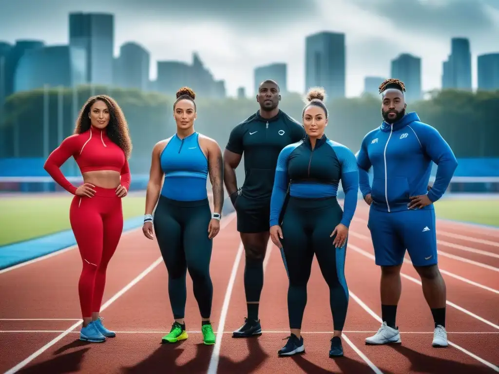 Atletas diversos en activewear inclusivo en pista urbana Un grupo diverso de atletas de diferentes tipos de cuerpo, géneros y habilidades, vistiendo moda deportiva inclusiva para todos, posan con confianza en una pista de atletismo, transmitiendo empoderamiento y unidad, con una ciudad borrosa de fondo