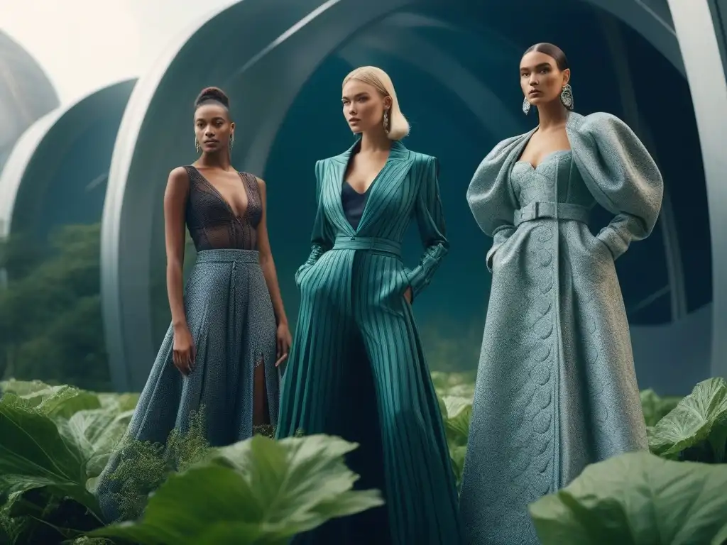 Moda sostenible: Estilo urbano ecochic en arquitectura verde Un grupo diverso en atuendos de moda reciclada posa con confianza en un entorno urbano futurista