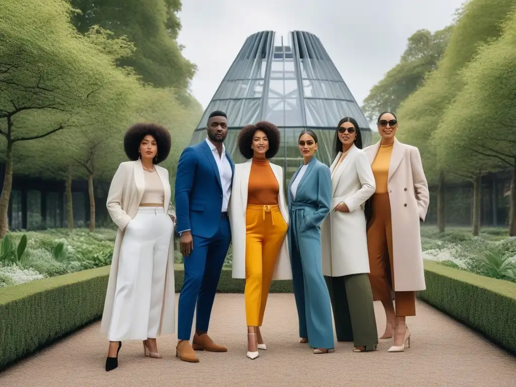 Comunidad de estilo sostenible: diversidad y elegancia urbana Un grupo diverso en atuendos sostenibles y estilo único, reflejando la inclusión y la moda consciente en la ciudad