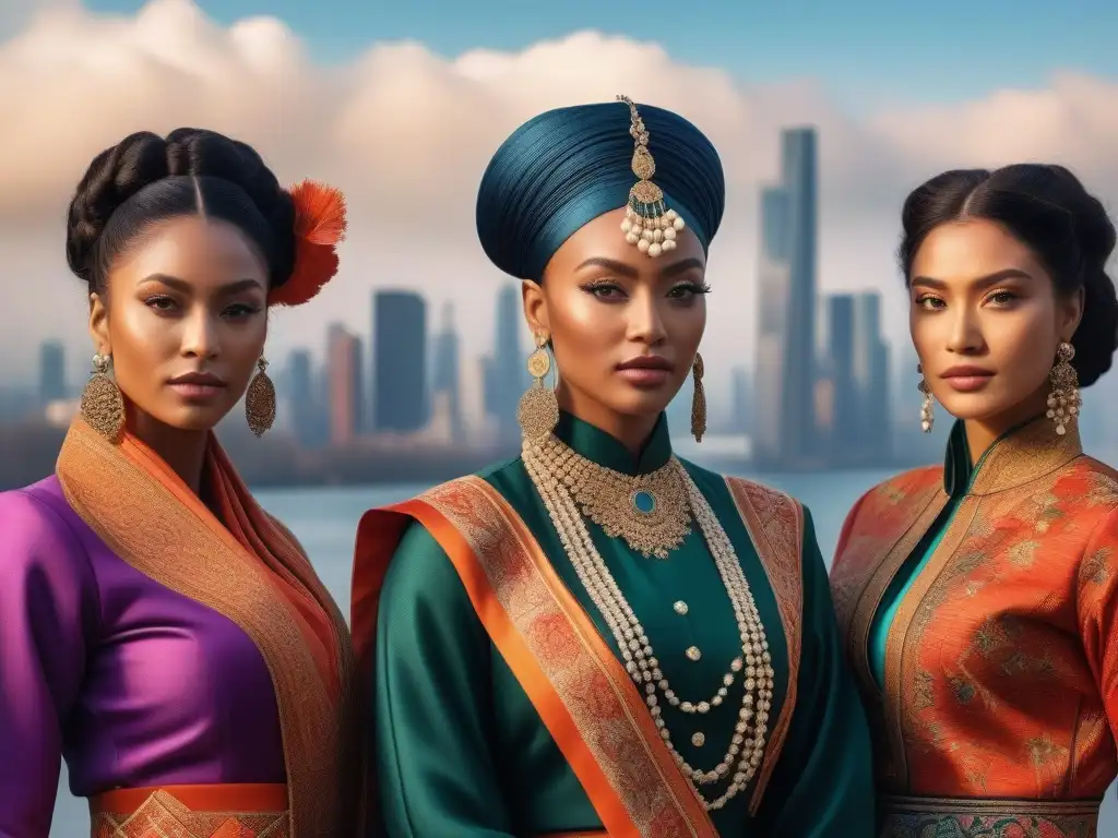 Moda global: celebrando la diversidad cultural Un grupo diverso con atuendos tradicionales celebra la moda y la inclusión cultural