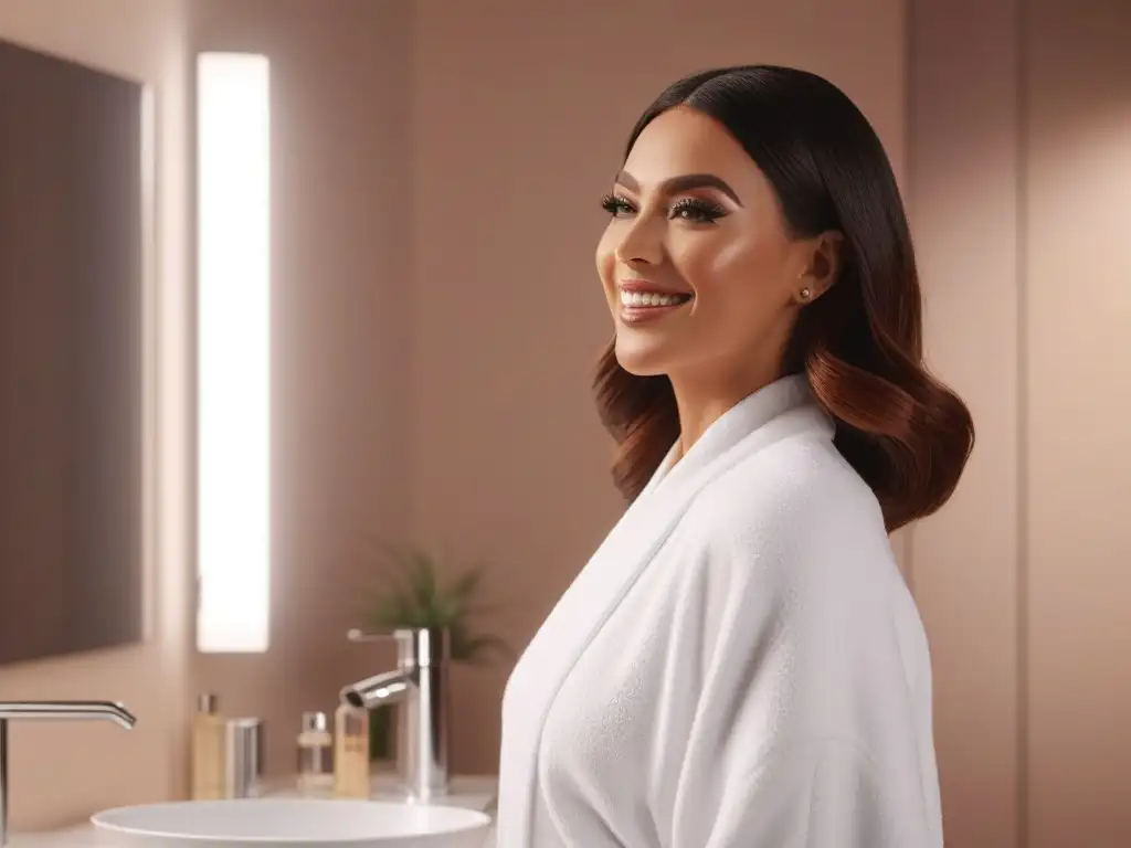Experiencia de belleza inclusiva: tonos de piel y selftanner en baño moderno Un grupo diverso aplica autobronceadores en un baño moderno y elegante, irradiando confianza y belleza