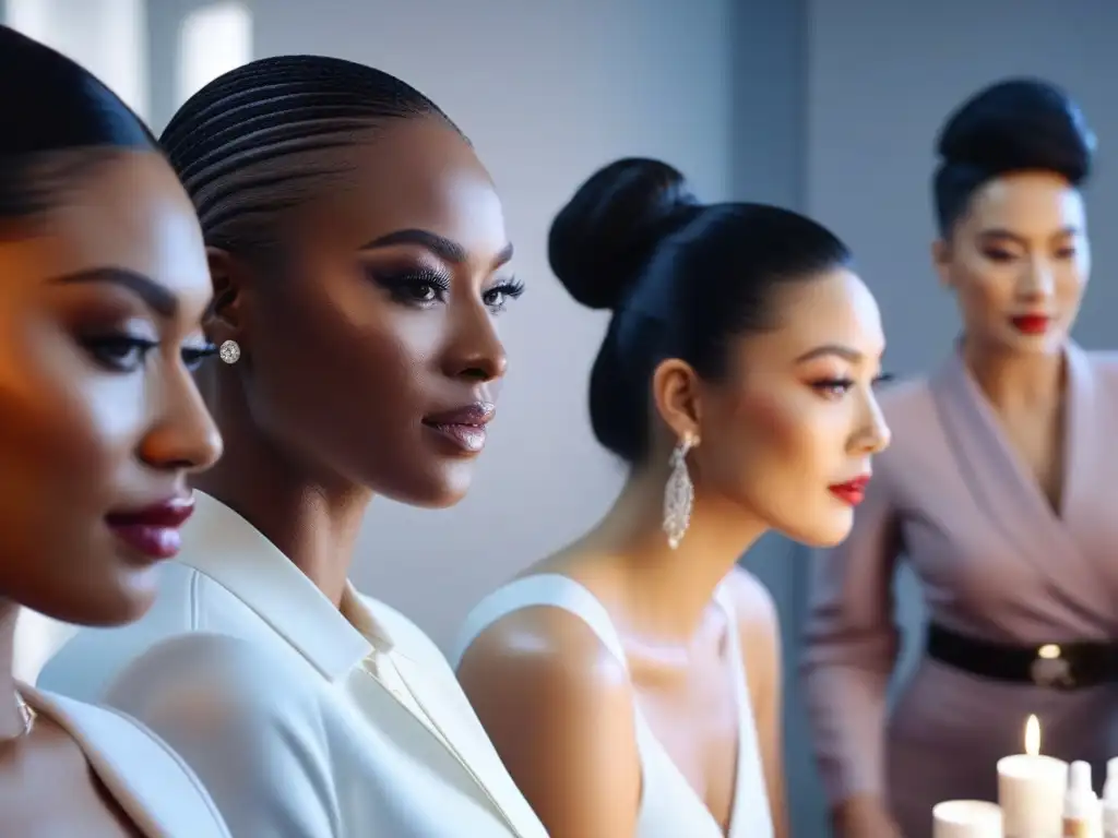 Experiencia de belleza inclusiva con cosméticos de lujo en estudio moderno Grupo diverso aplica avances cosméticos lujo inclusivos en estudio elegante